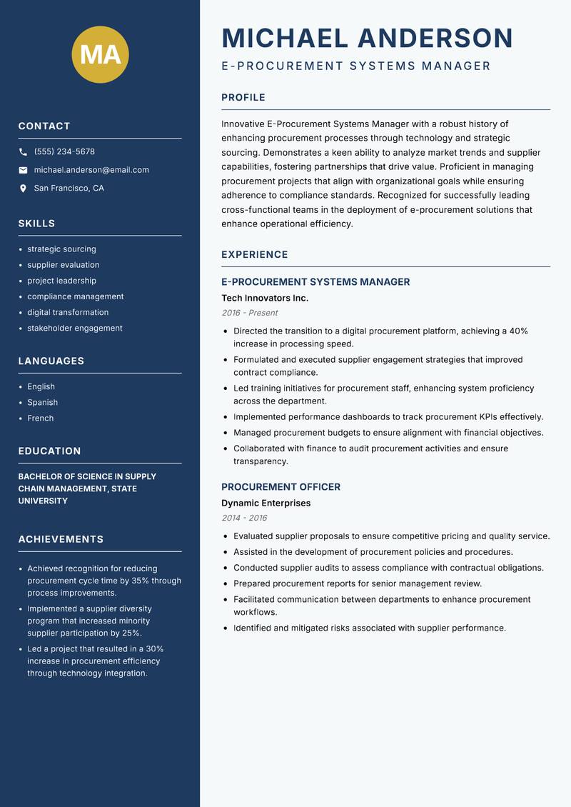 E-Procurement Systems Manager Resume Preview Example