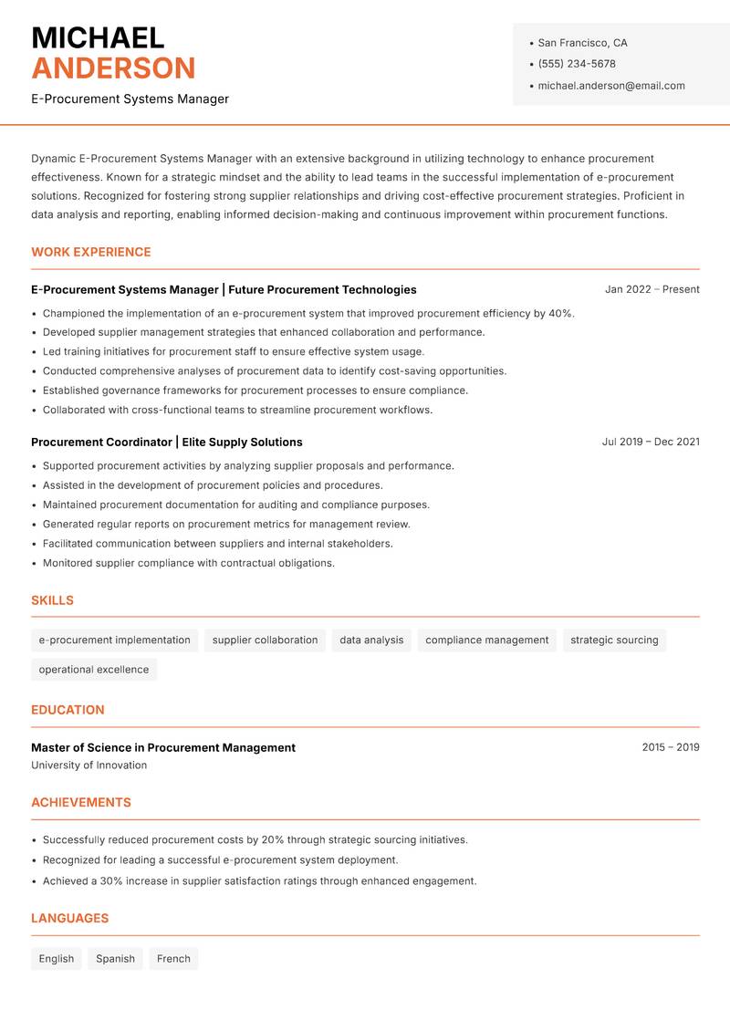 E-Procurement Systems Manager Resume Template