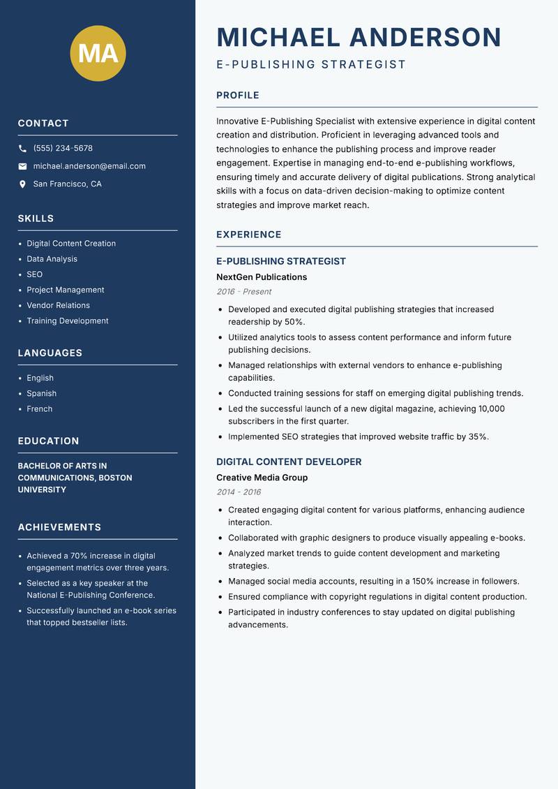 E Publishing Specialist Resume Preview Example