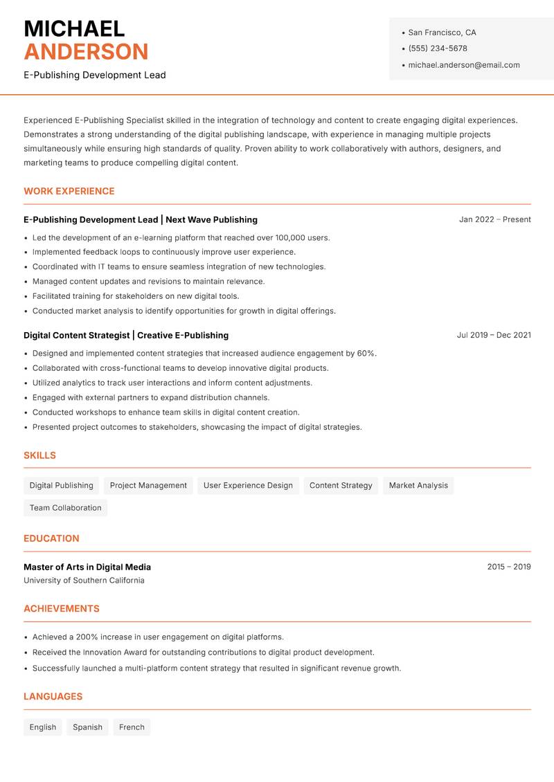 E Publishing Specialist Resume Template