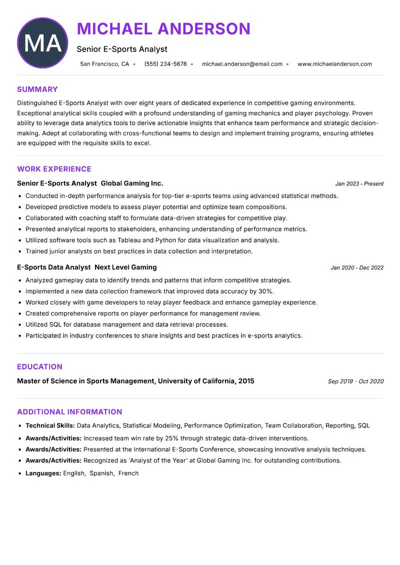 E-Sports Analyst Resume Preview Example