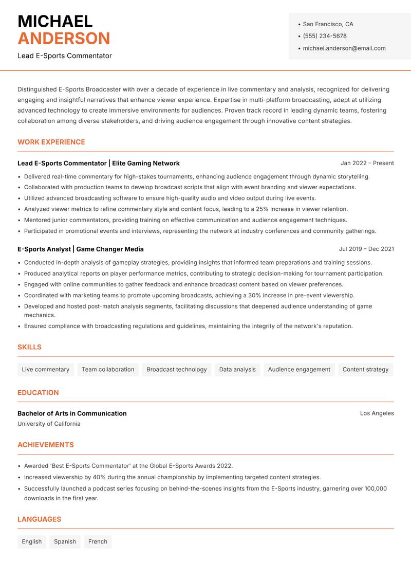 E-Sports Broadcaster Resume Template