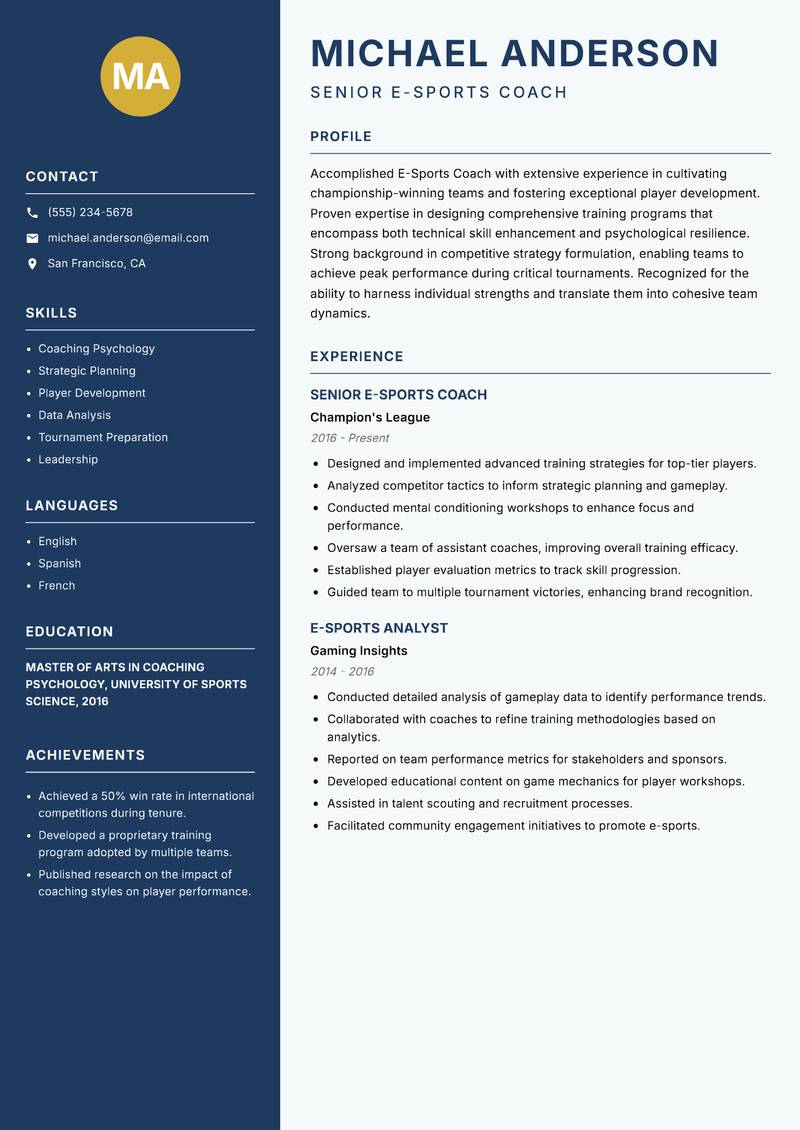 E-Sports Coach Resume Preview Example