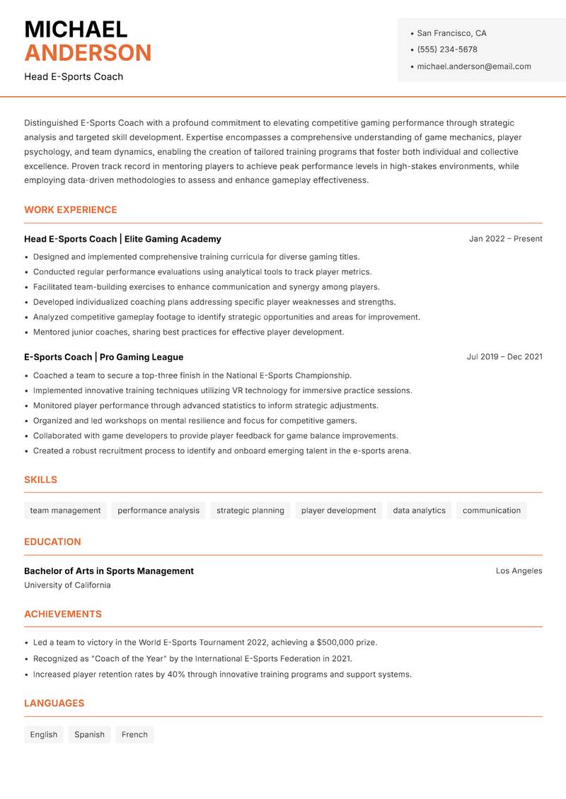 E-Sports Coach Resume Template