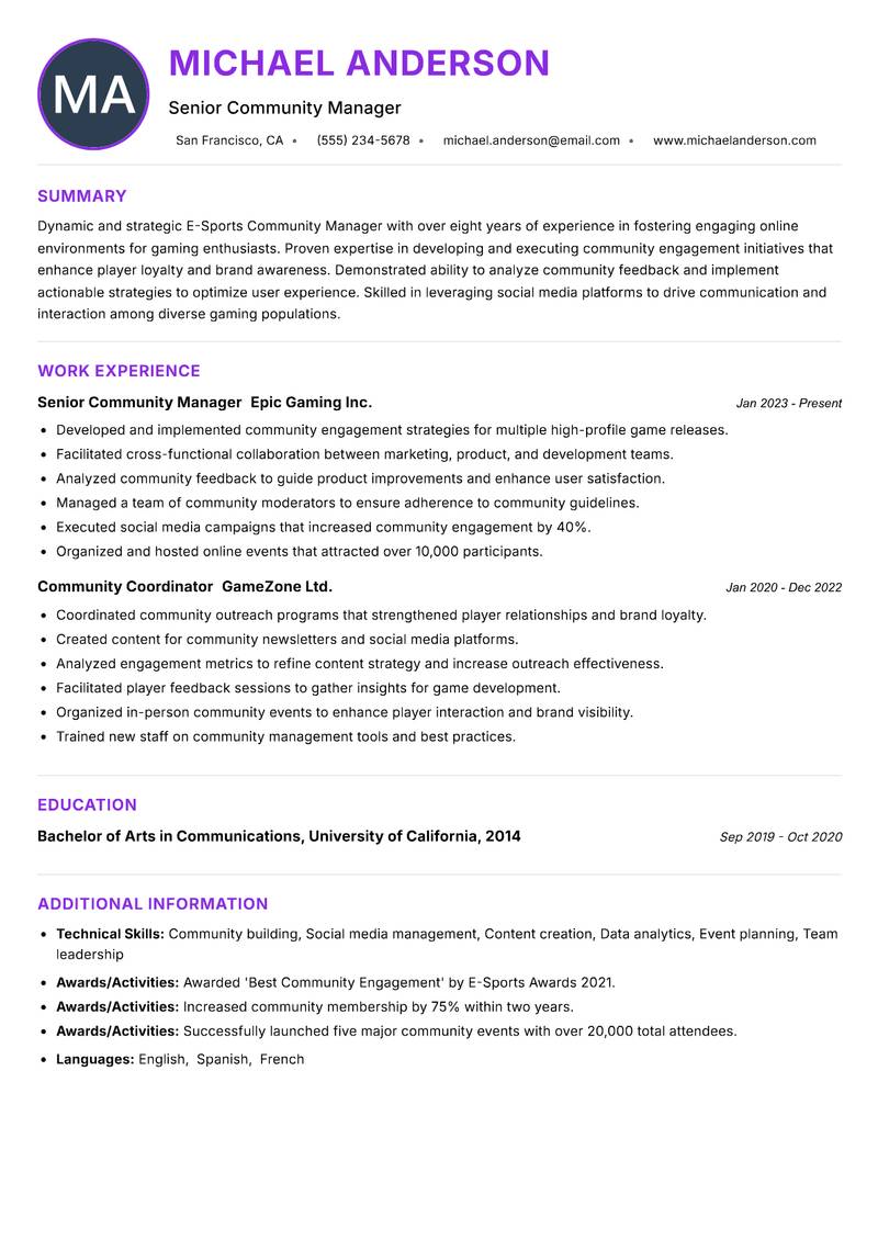 E-Sports Community Manager Resume Preview Example