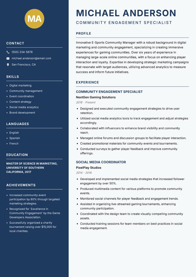 E-Sports Community Manager Resume Preview Example