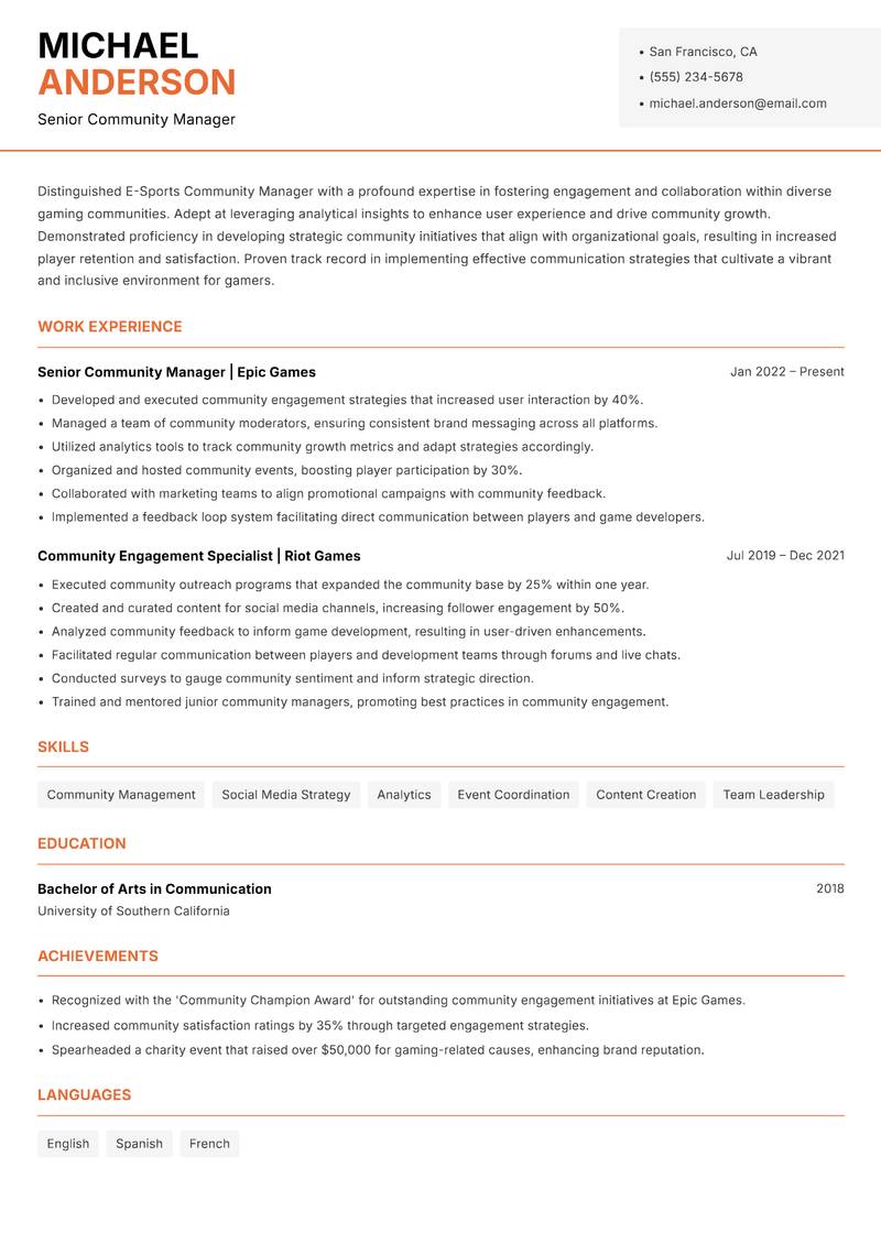 E-Sports Community Manager Resume Template