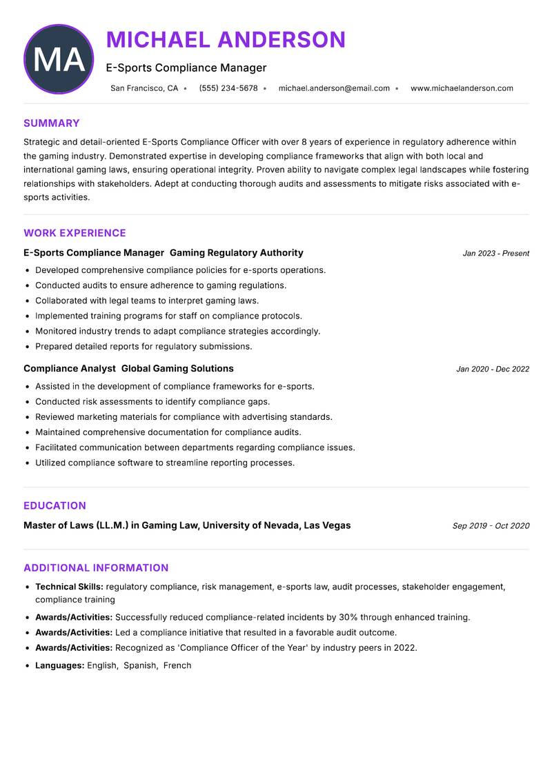 E-Sports Compliance Officer Resume Preview Example