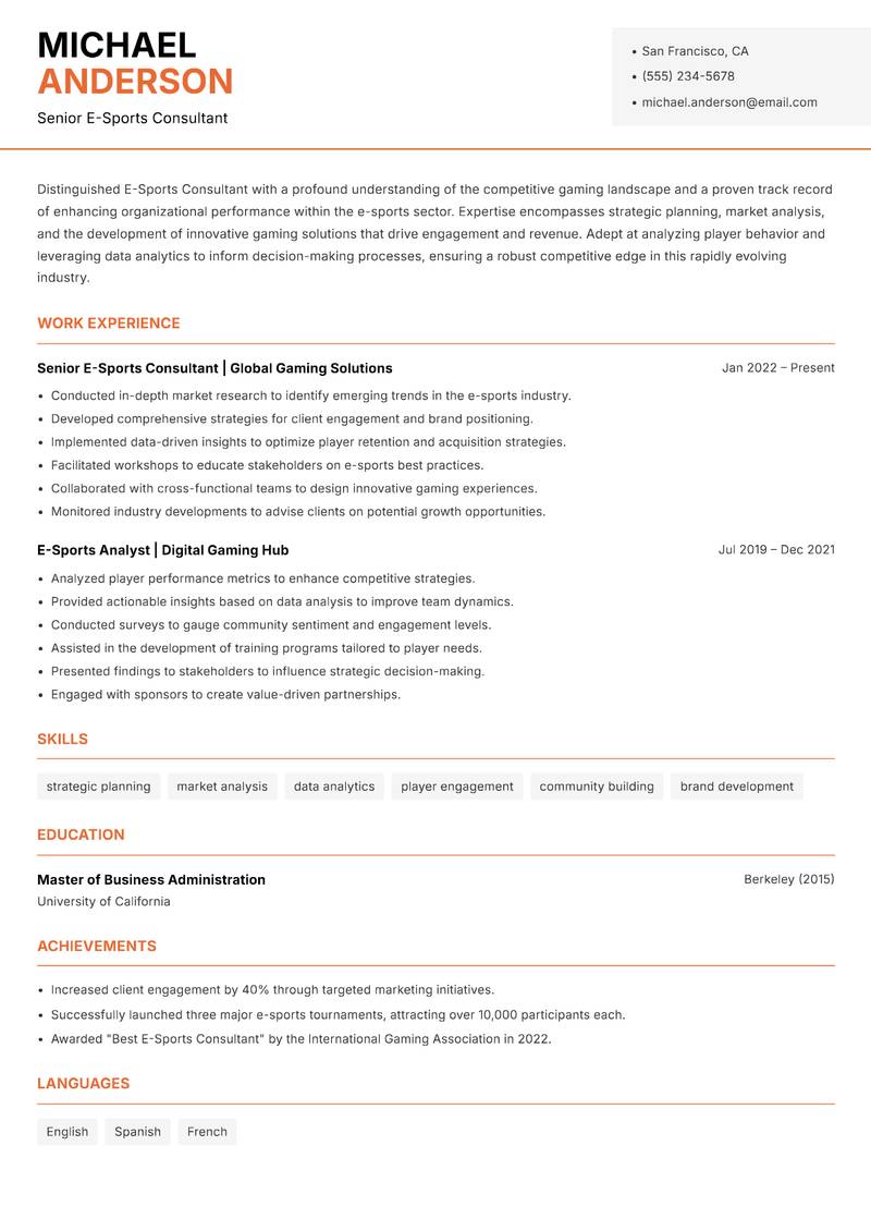 E-Sports Consultant Resume Template
