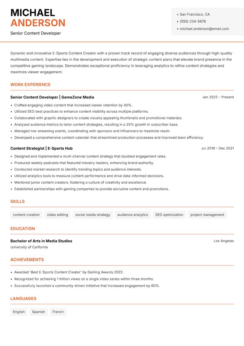 E-Sports Content Creator Resume Template