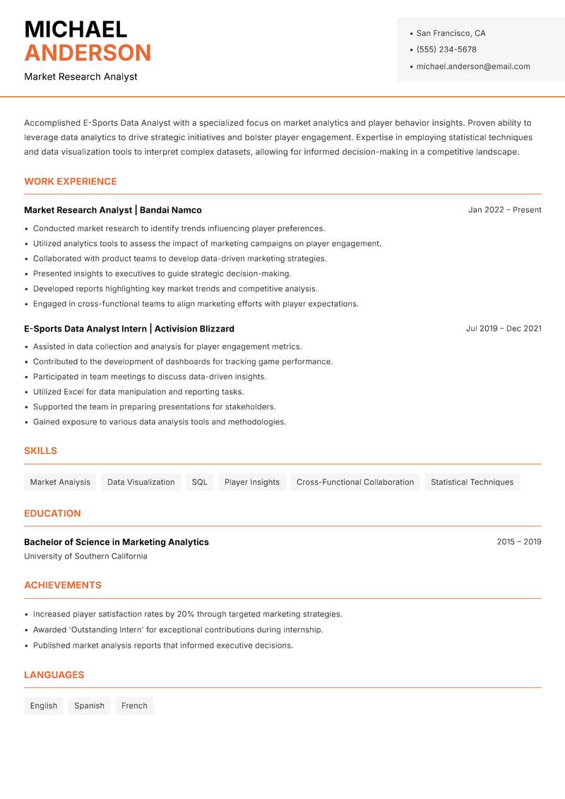 E-Sports Data Analyst Resume Template