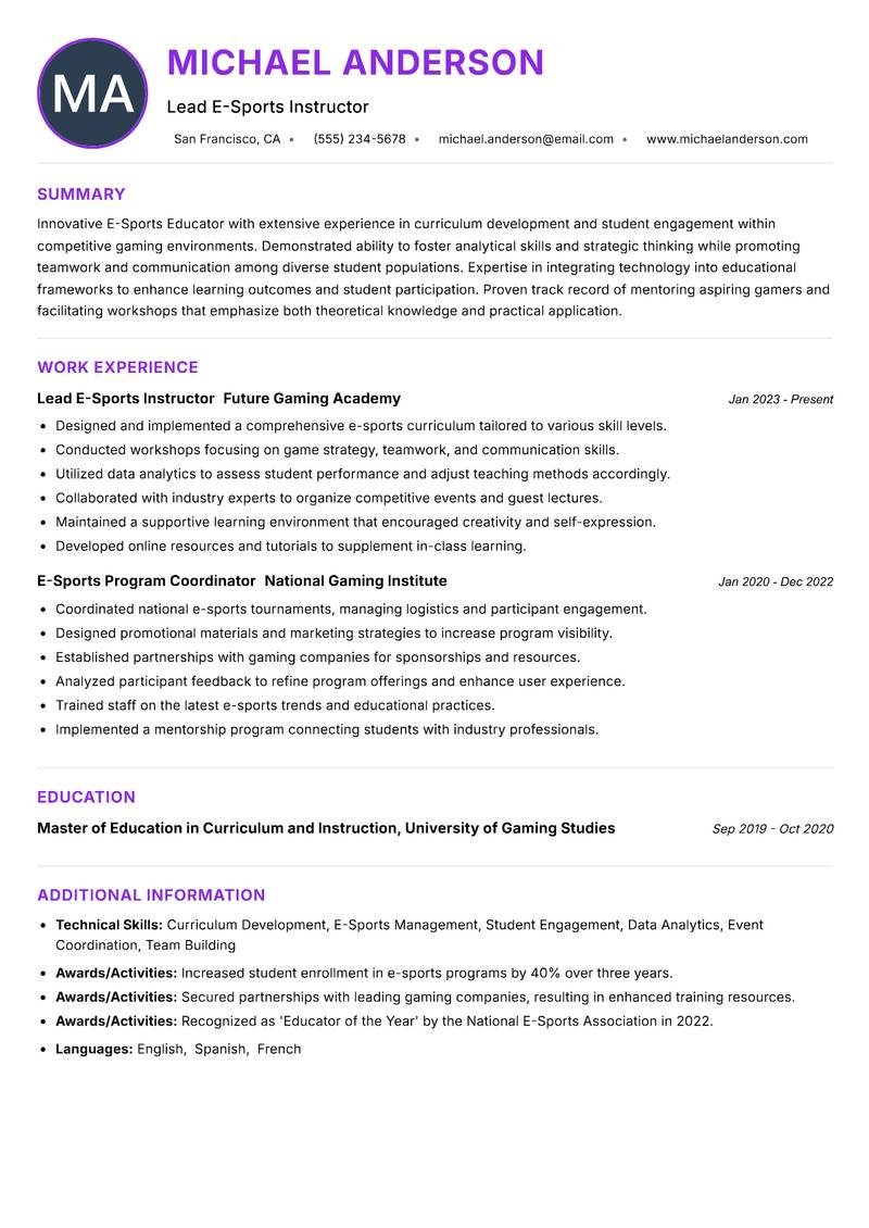 E-Sports Educator Resume Preview Example