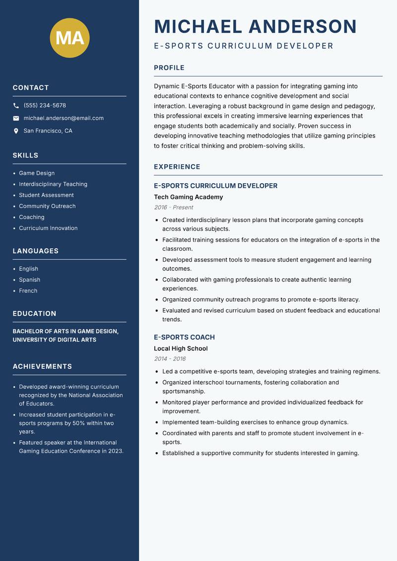 E-Sports Educator Resume Preview Example