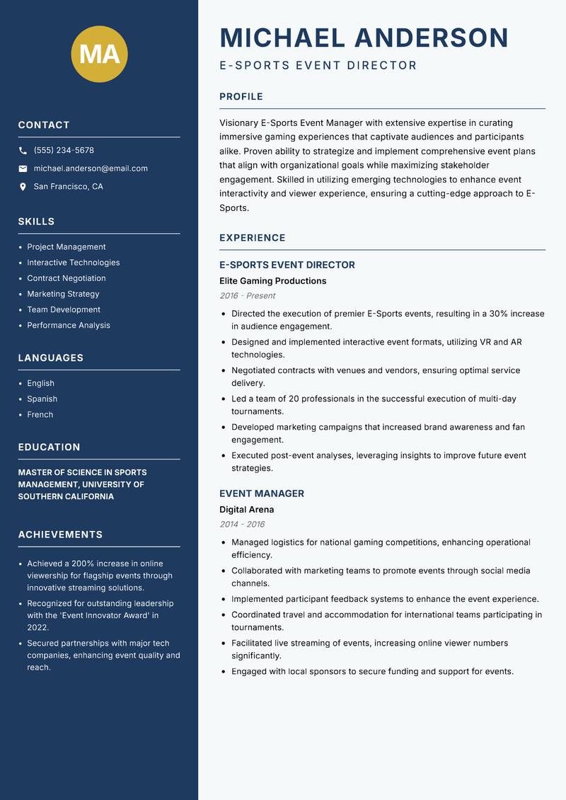 E-Sports Event Manager Resume Preview Example
