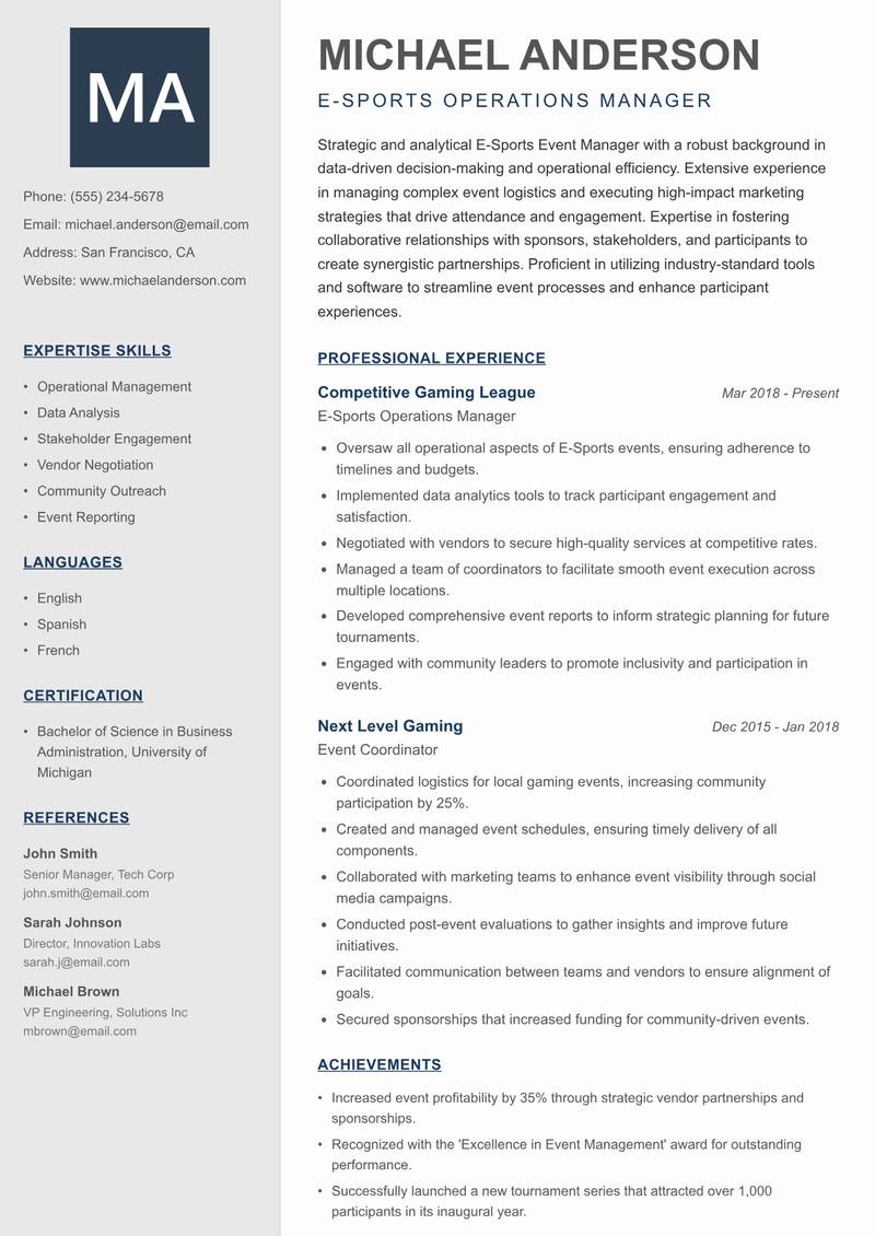 E-Sports Event Manager Resume Preview Example