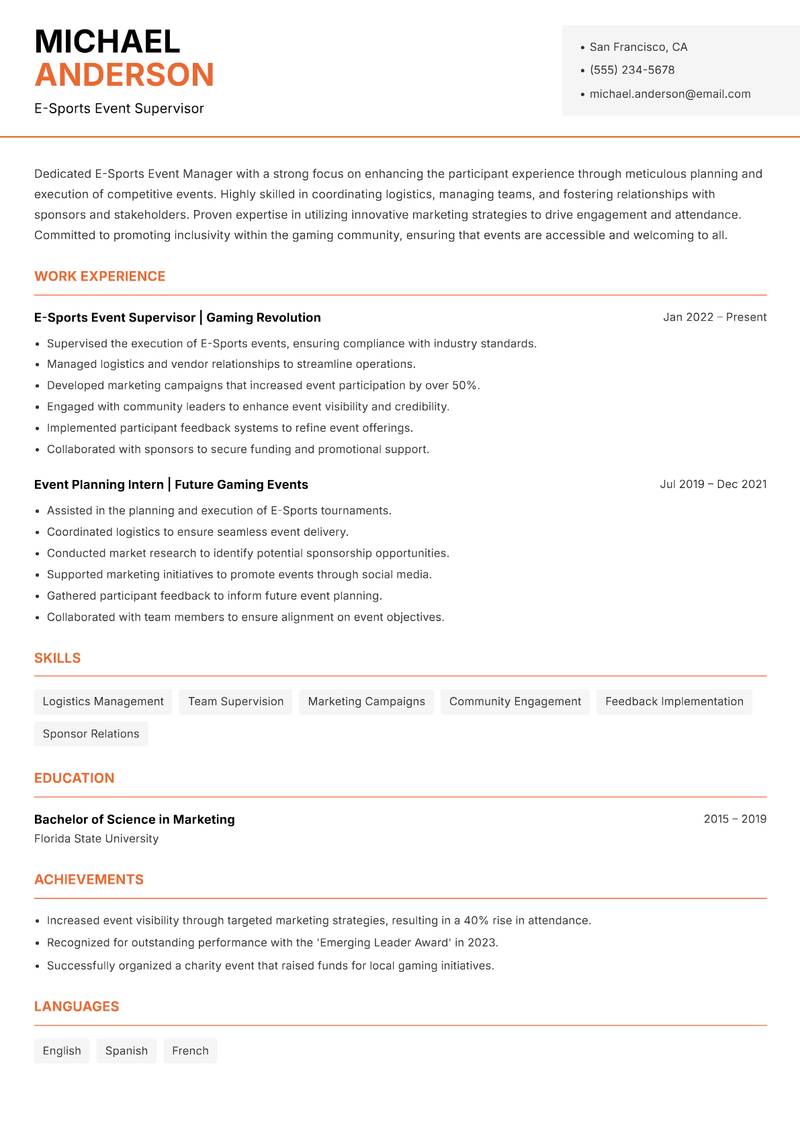 E-Sports Event Manager Resume Template