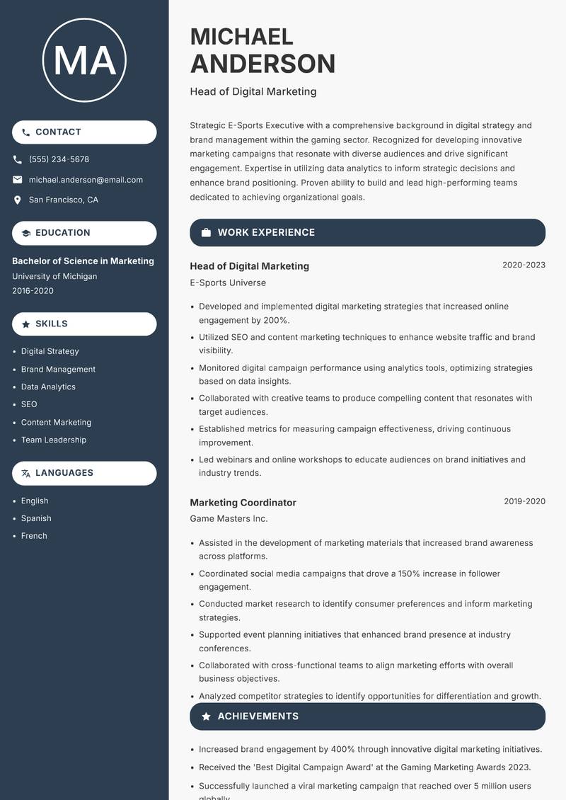 E-Sports Executive Resume Preview Example