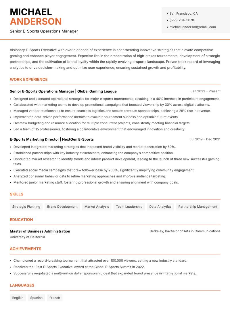 E-Sports Executive Resume Template