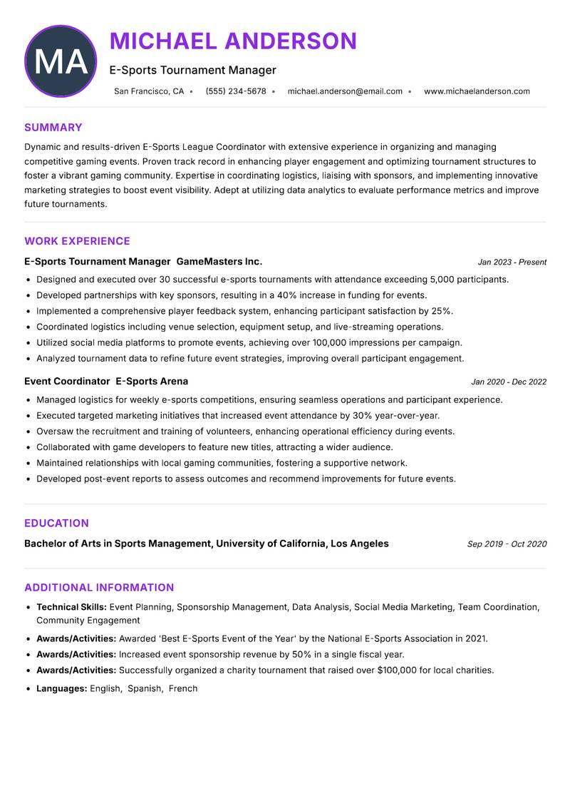 E-Sports League Coordinator Resume Preview Example