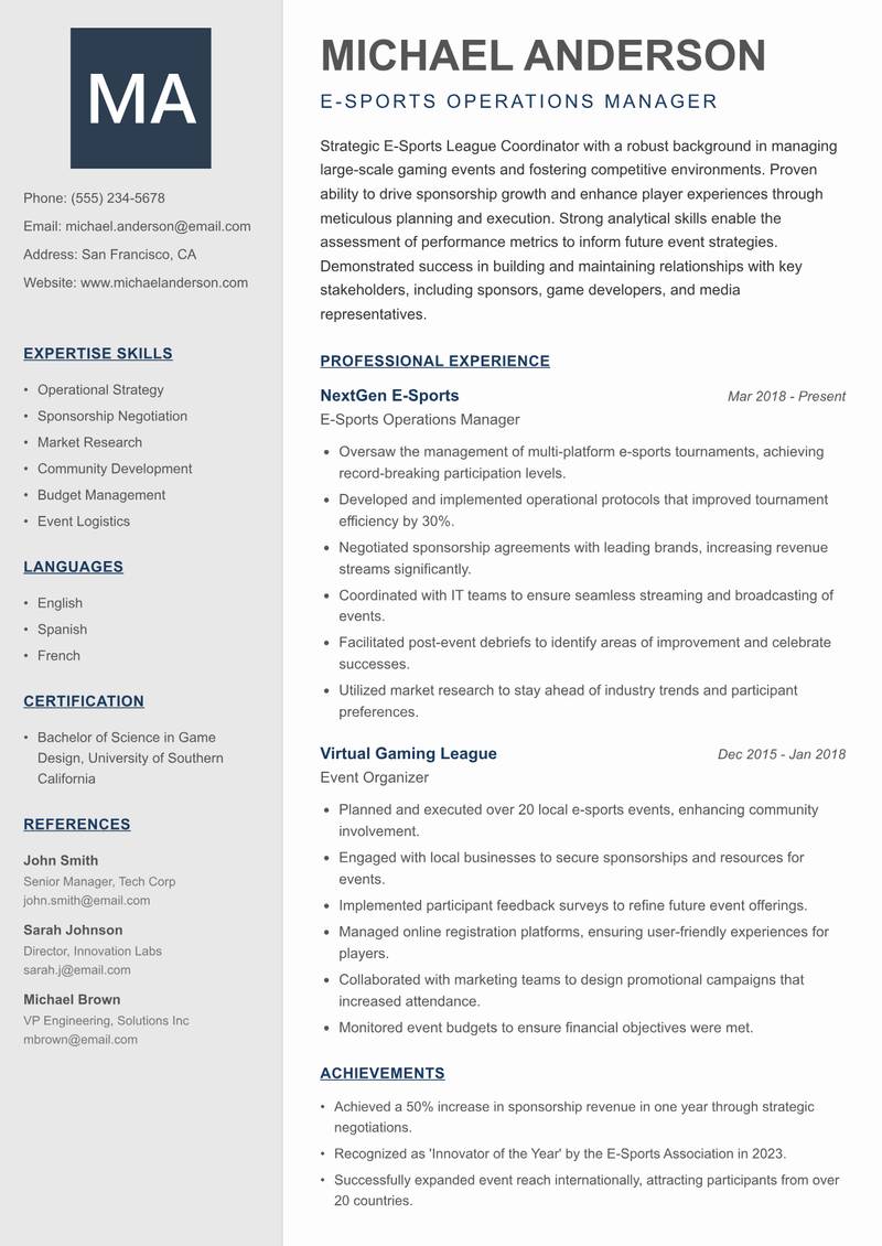 E-Sports League Coordinator Resume Preview Example