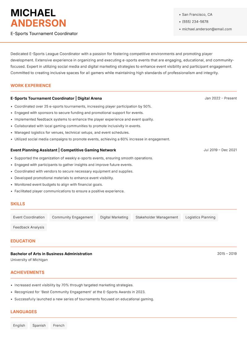 E-Sports League Coordinator Resume Template