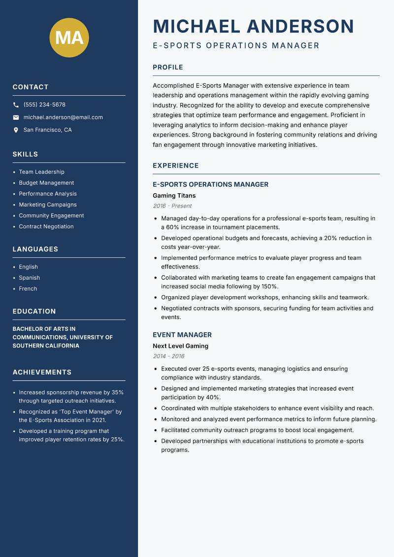 E-Sports Manager Resume Preview Example