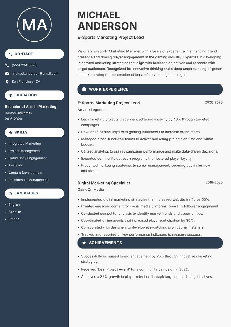 E-Sports Marketing Manager Resume Preview Example