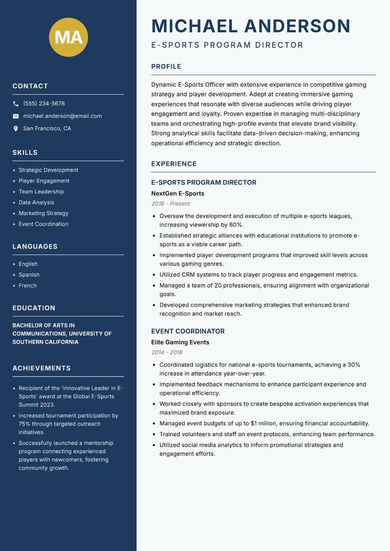 E-Sports Officer Resume Preview Example