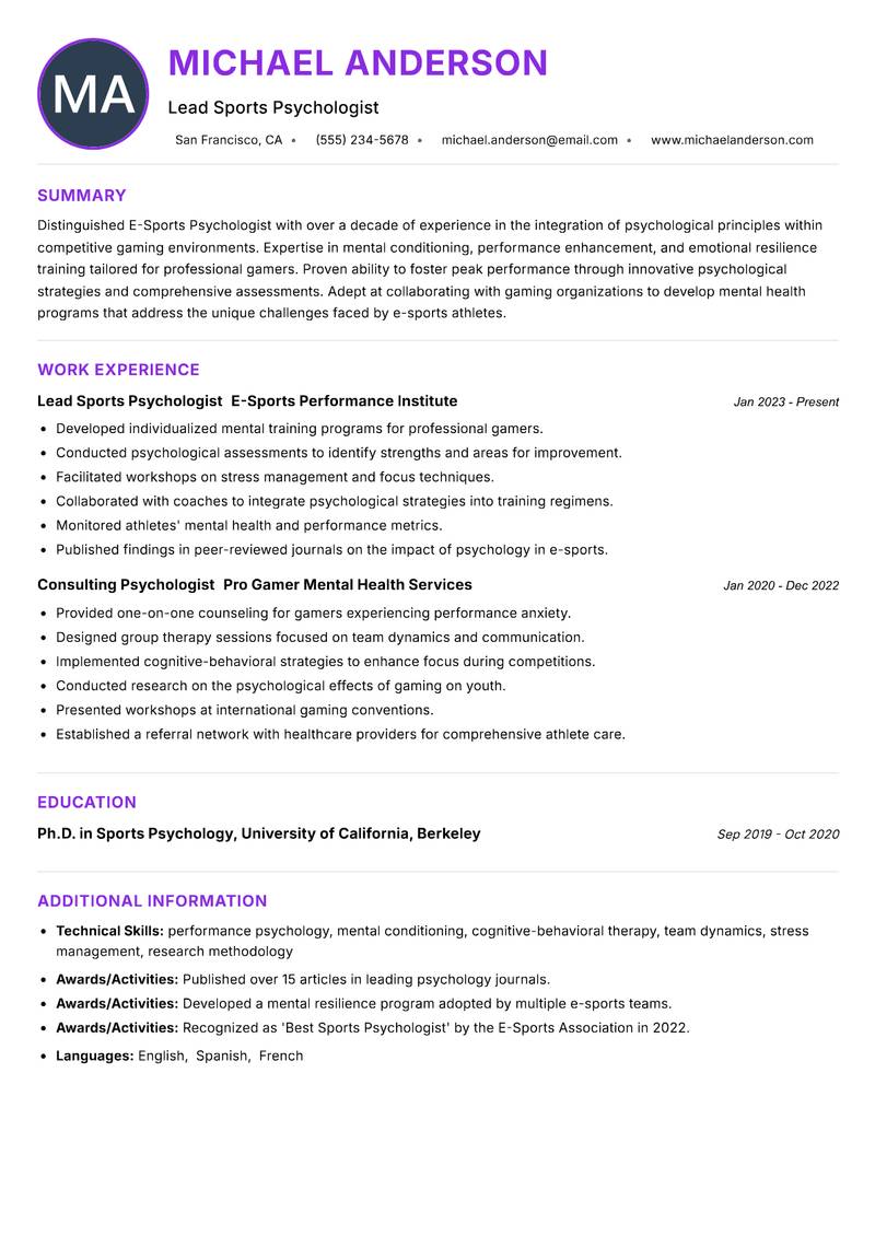 E-Sports Psychologist Resume Preview Example