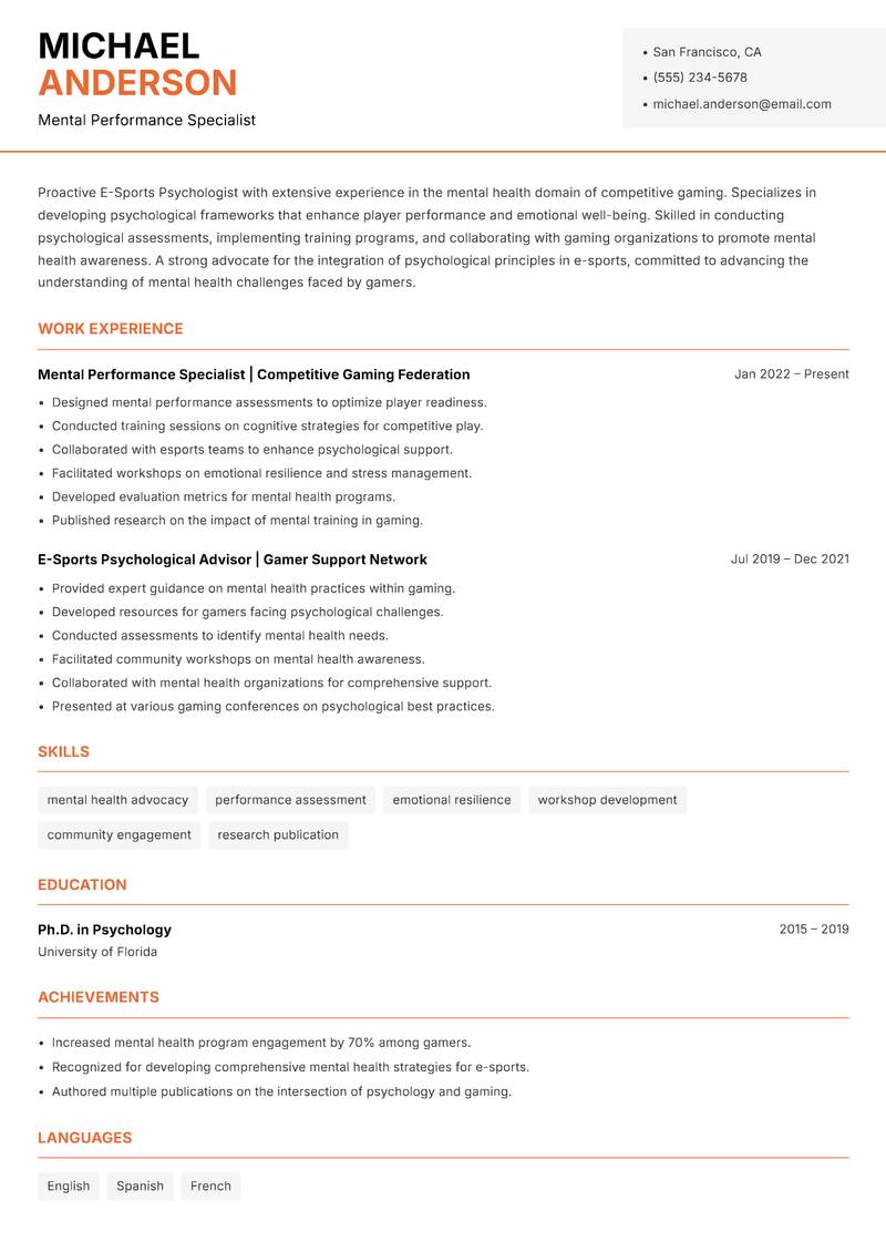 E-Sports Psychologist Resume Template