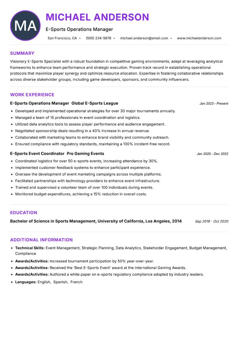 E-Sports Specialist Resume Preview Example