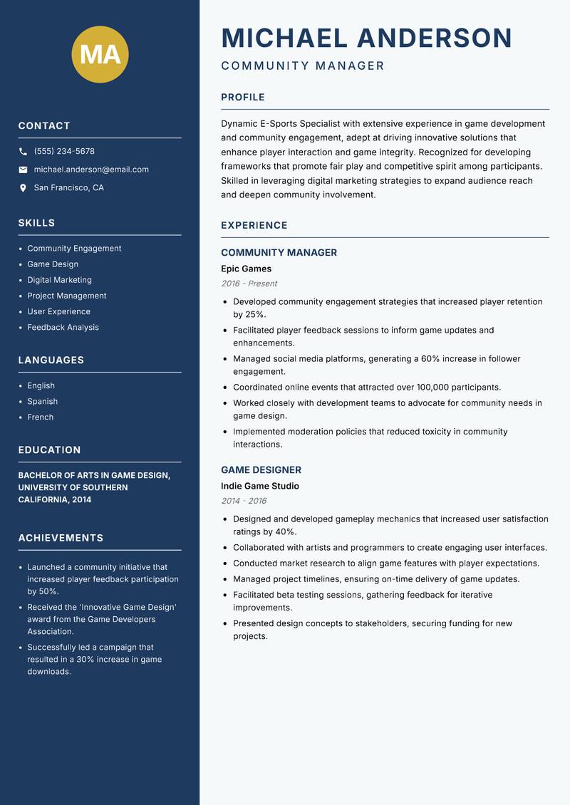 E-Sports Specialist Resume Preview Example