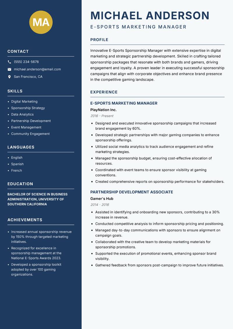 E-Sports Sponsorship Manager Resume Preview Example