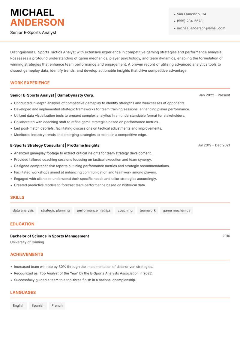 E-Sports Tactics Analyst Resume Template