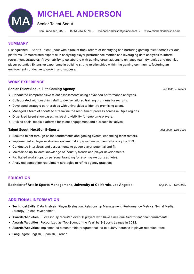 E-Sports Talent Scout Resume Preview Example