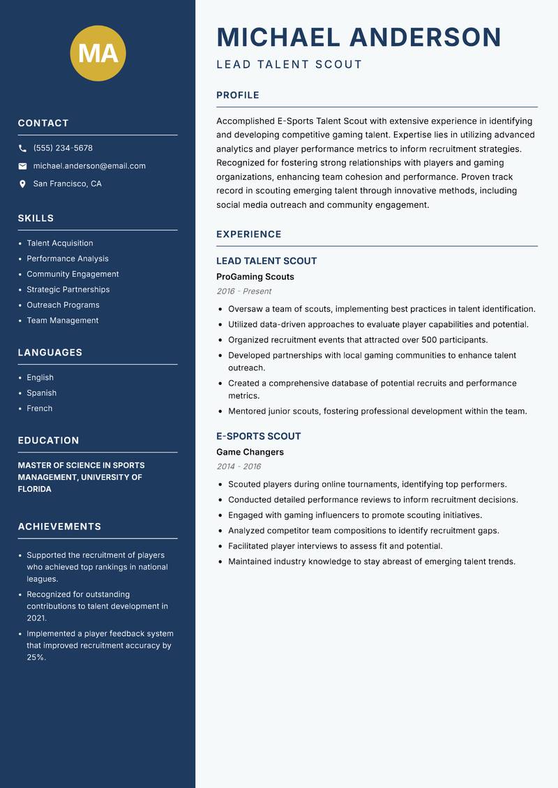 E-Sports Talent Scout Resume Preview Example