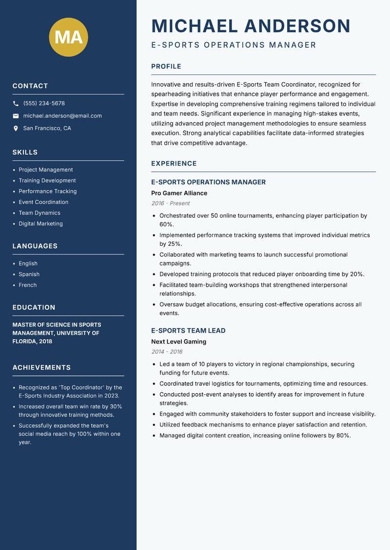 E-Sports Team Coordinator Resume Preview Example