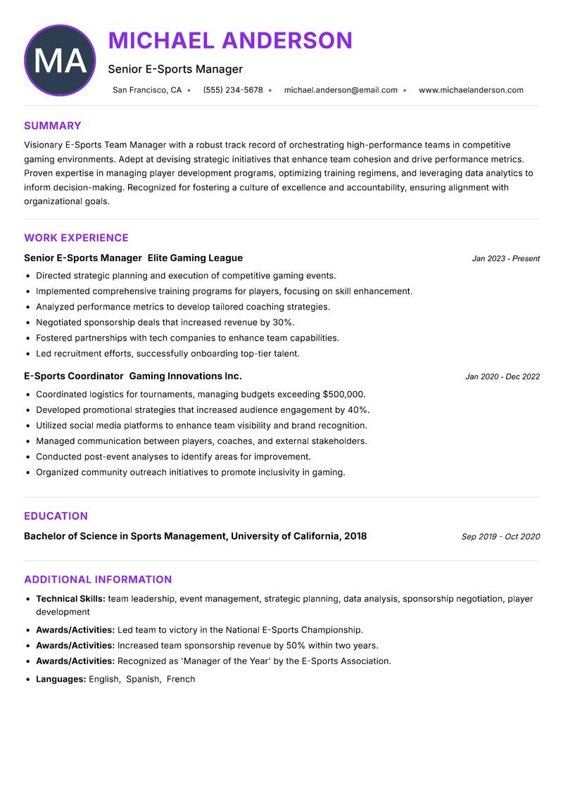 E-Sports Team Manager Resume Preview Example