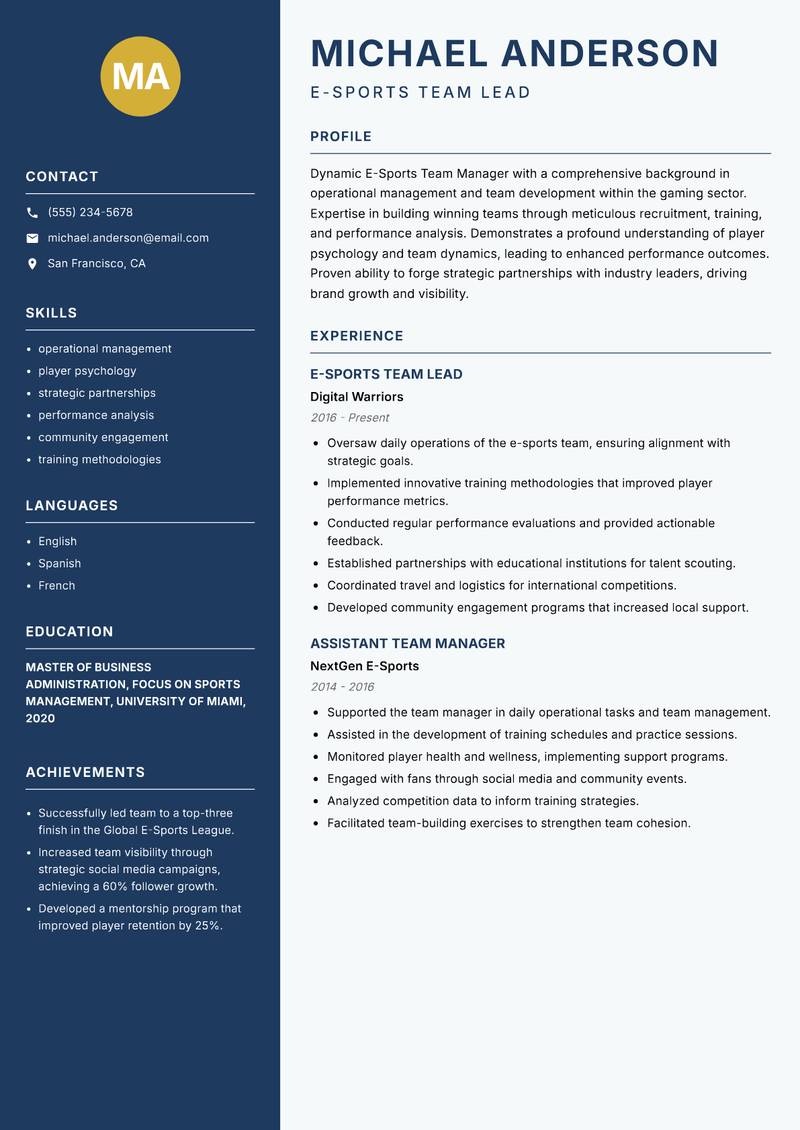 E-Sports Team Manager Resume Preview Example