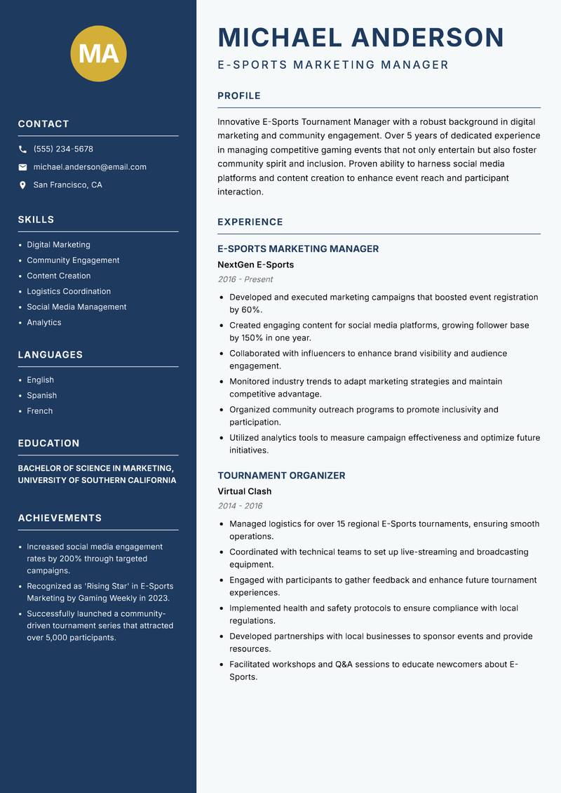 E-Sports Tournament Manager Resume Preview Example