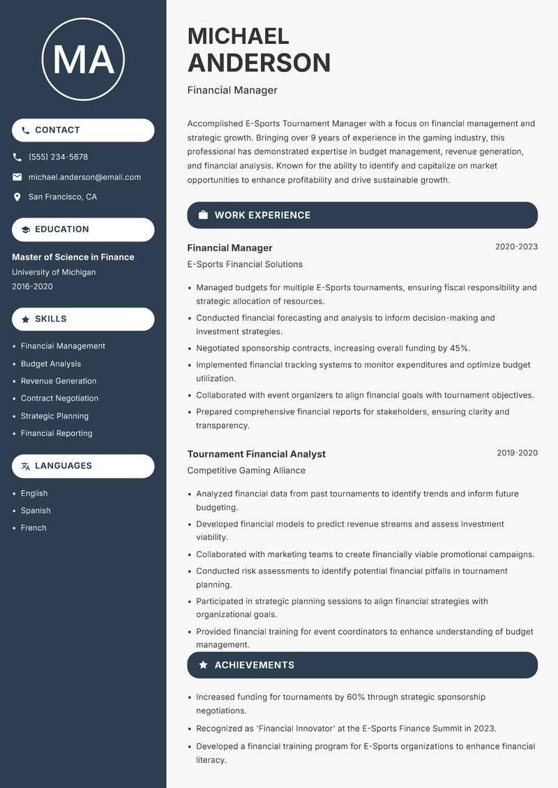 E-Sports Tournament Manager Resume Preview Example