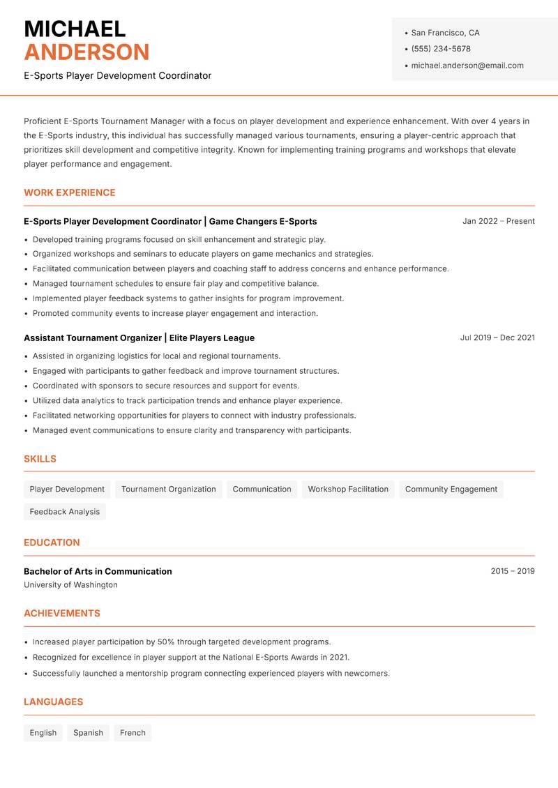 E-Sports Tournament Manager Resume Template