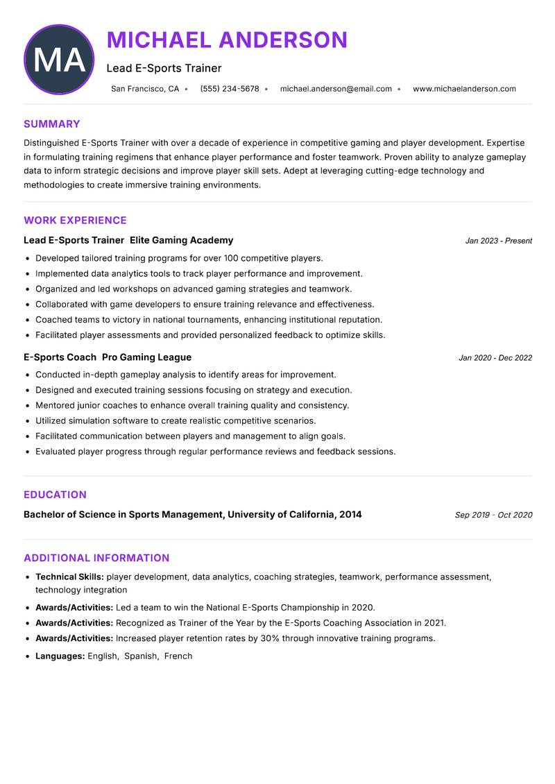 E-Sports Trainer Resume Preview Example
