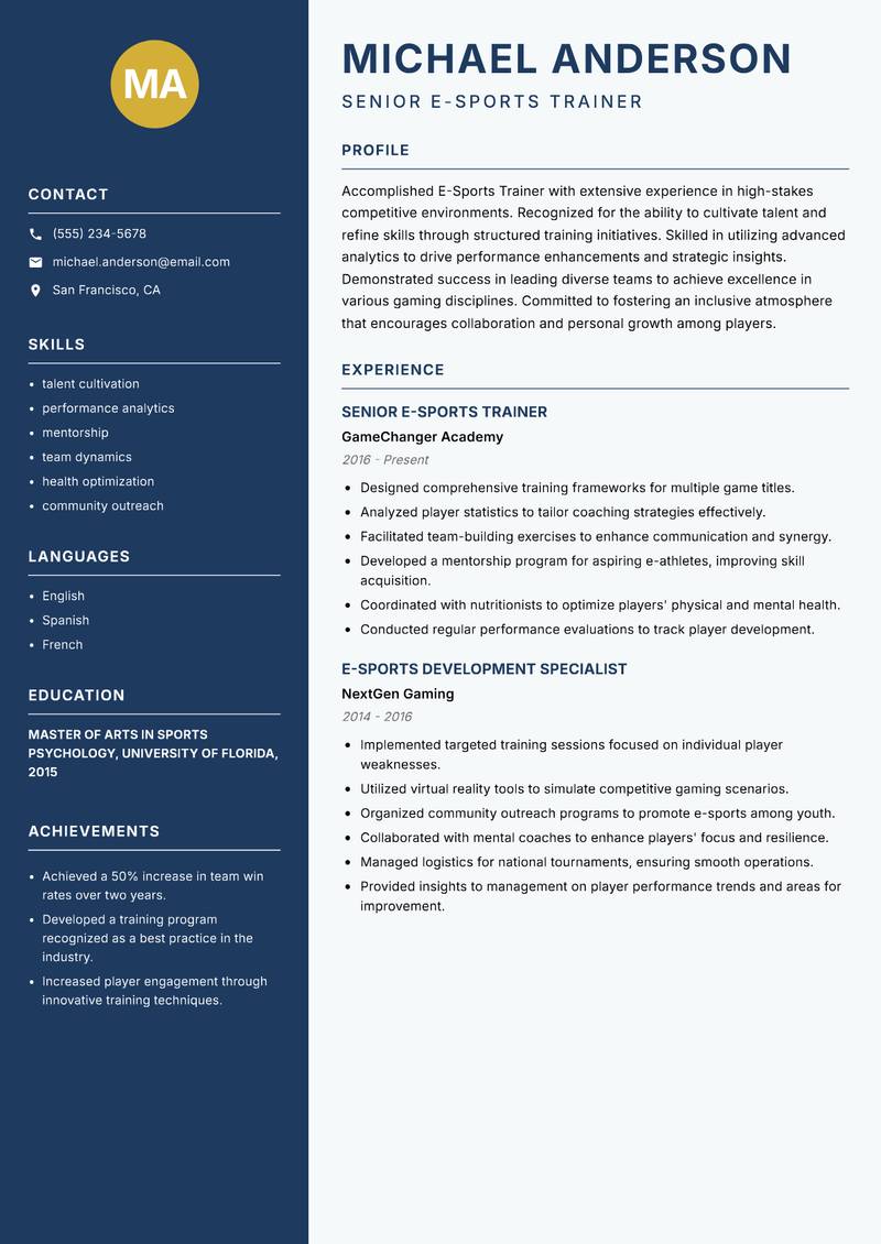 E-Sports Trainer Resume Preview Example