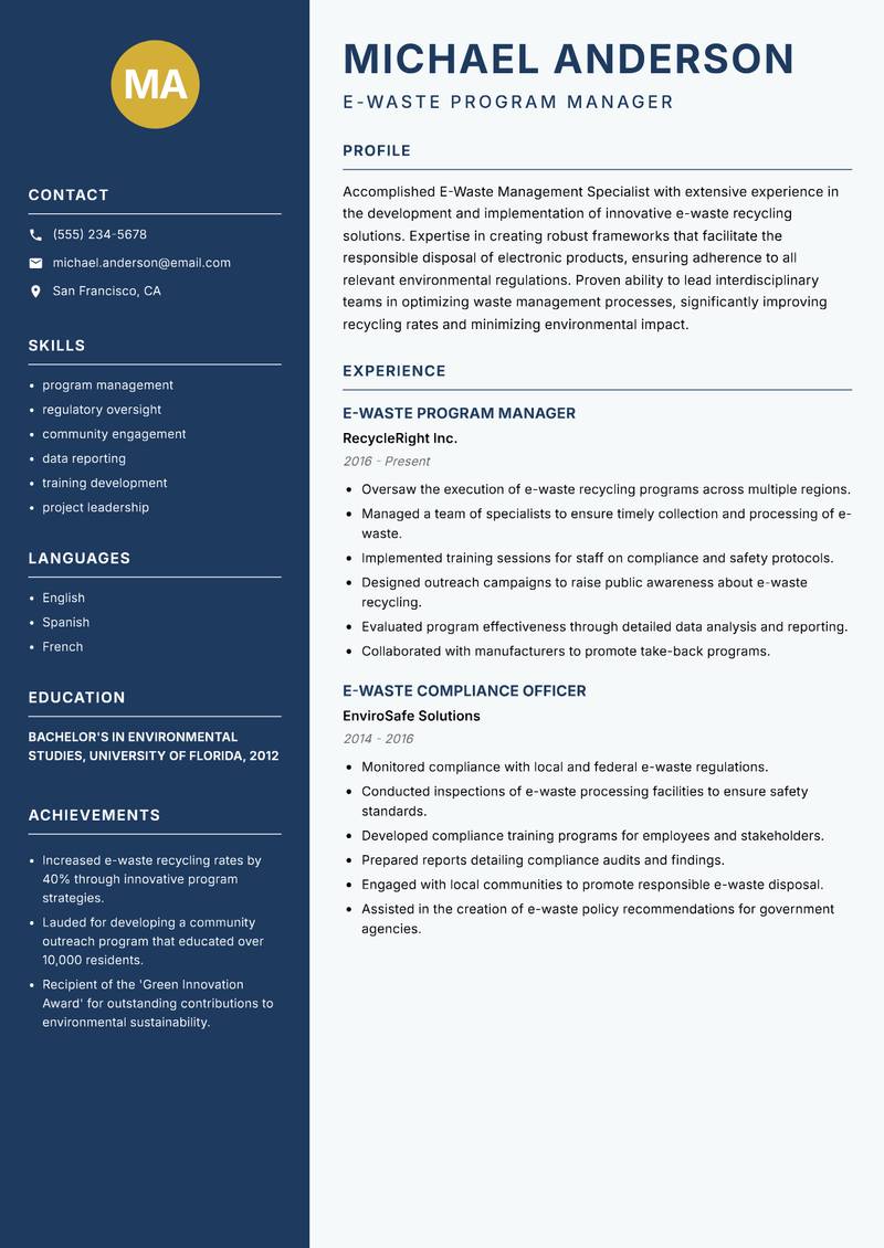 E-Waste Management Specialist Resume Preview Example