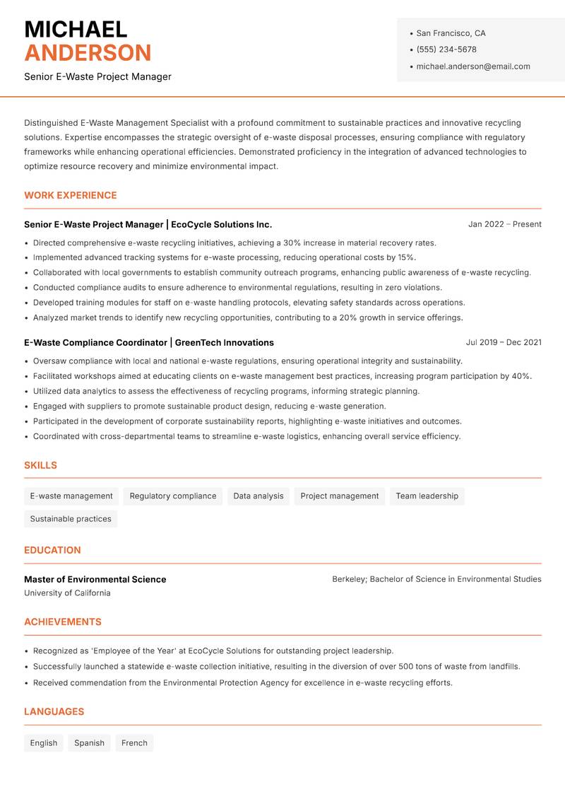 E-Waste Management Specialist Resume Template