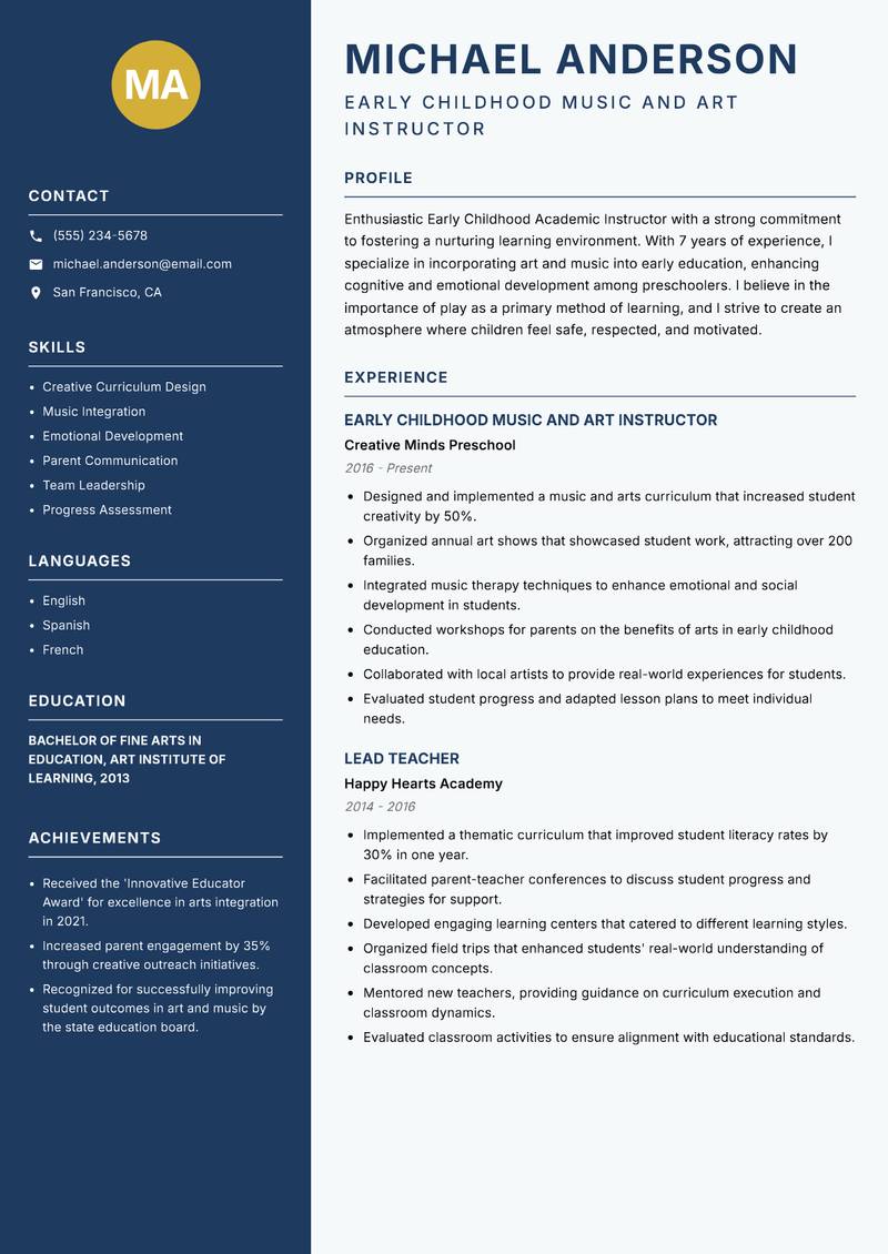 Early Childhood Academic Instructor Resume Preview Example