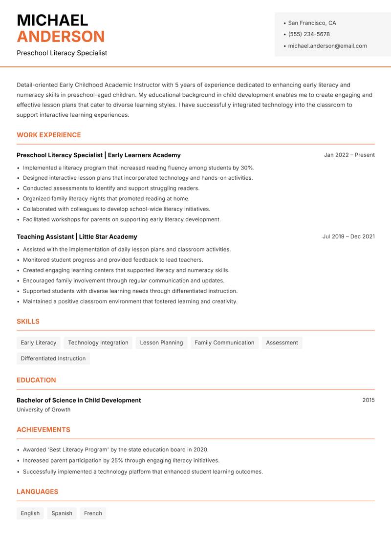 Early Childhood Academic Instructor Resume Template
