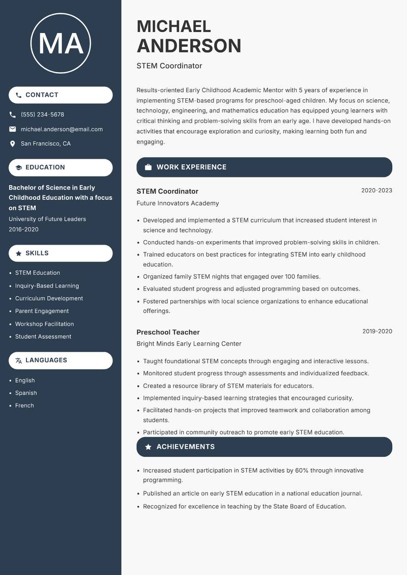 Early Childhood Academic Mentor Resume Preview Example