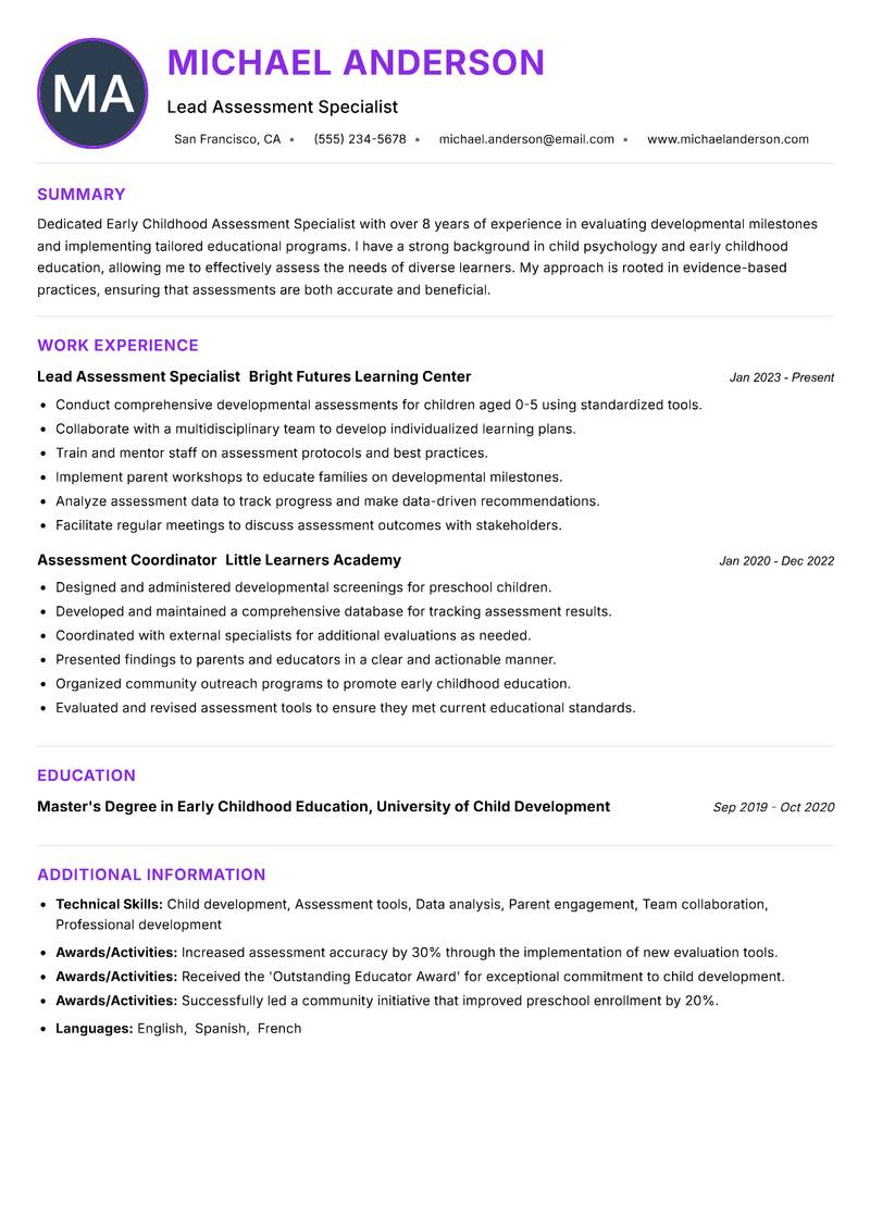 Early Childhood Assessment Specialist Resume Preview Example